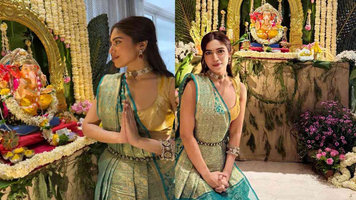 BHUMI PEDNEKAR'S TRADITIONAL GANESH CHATURTHI LOOK IS A SIGHT TO BEHOLD!" - Actress Stuns In Sea Green And Gold Silk Saree, Check Out Her Festive Photos! | Glamsham.com