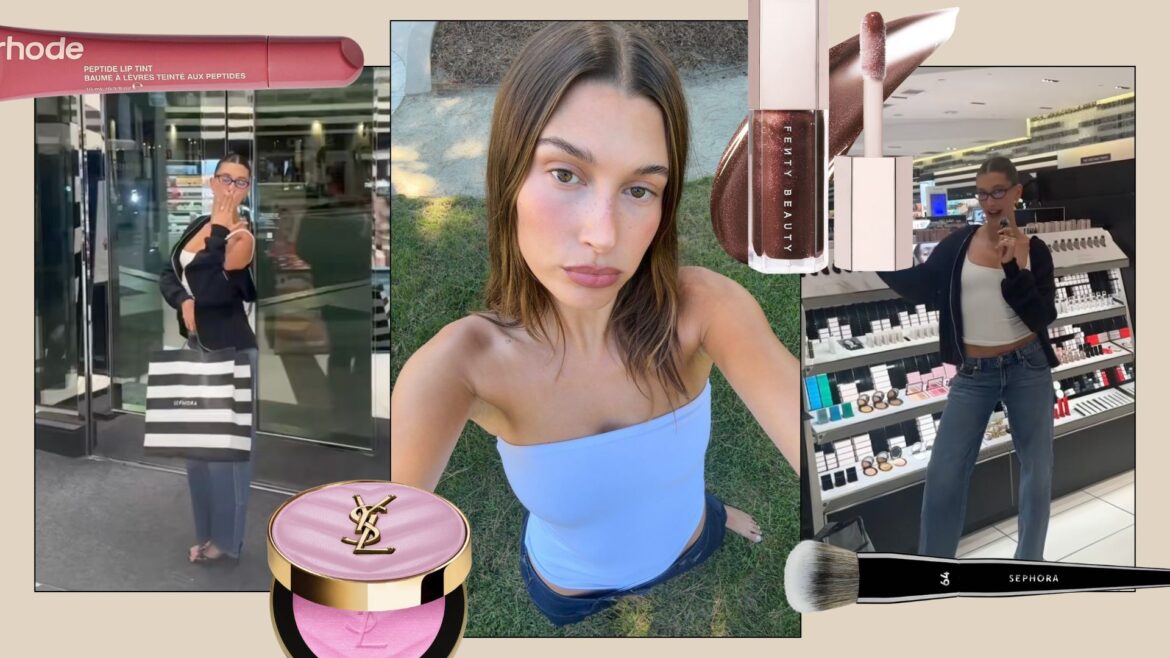 A collage with pictures of Hailey Bieber shopping in sephora and images of products she uses