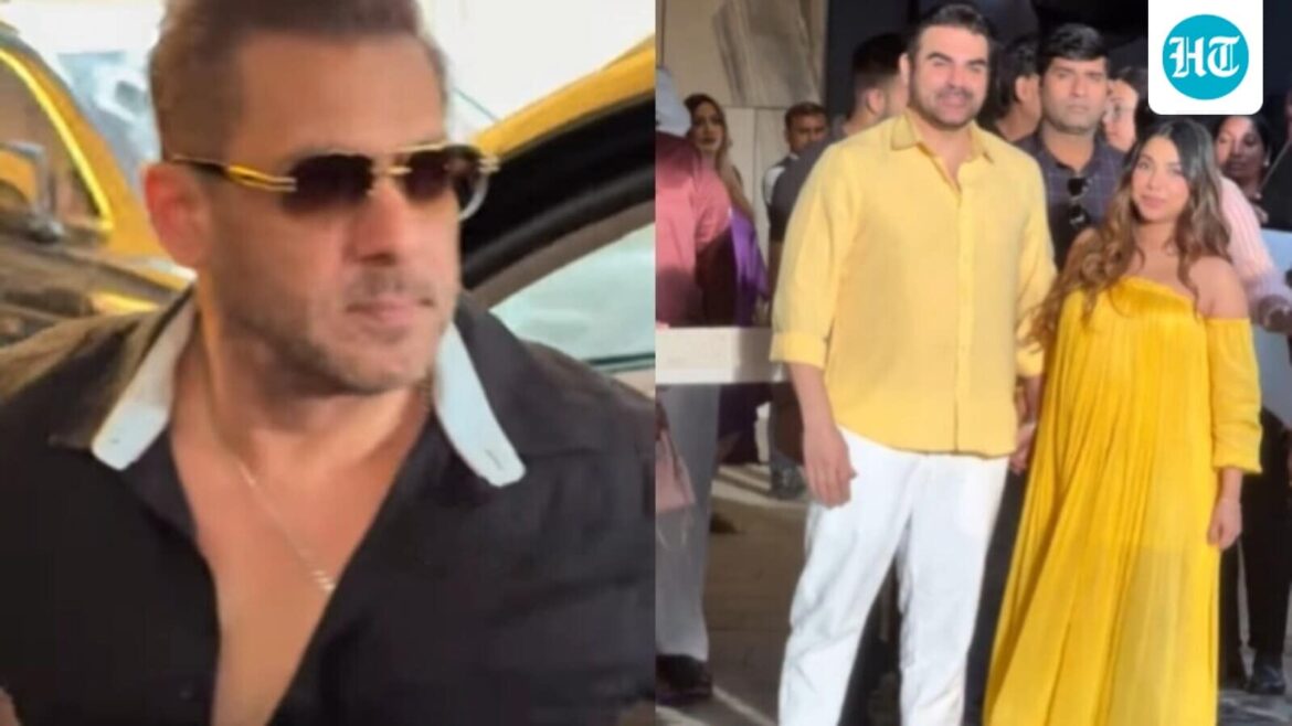 Arbaaz Khan, Sshura Khan twin in yellow at her baby shower; Salman Khan, Iulia Vantur join them. Watch