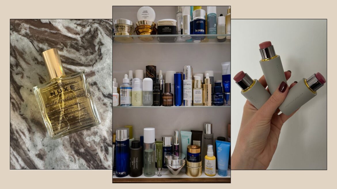 A collage with a picture of a skincare shelf with products on, and close-up pictures of multitasking beauty products