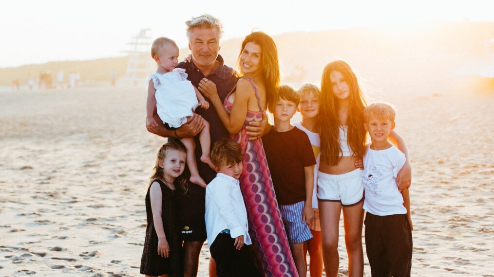 Alec and Hilaria Baldwin with their kids on the beach