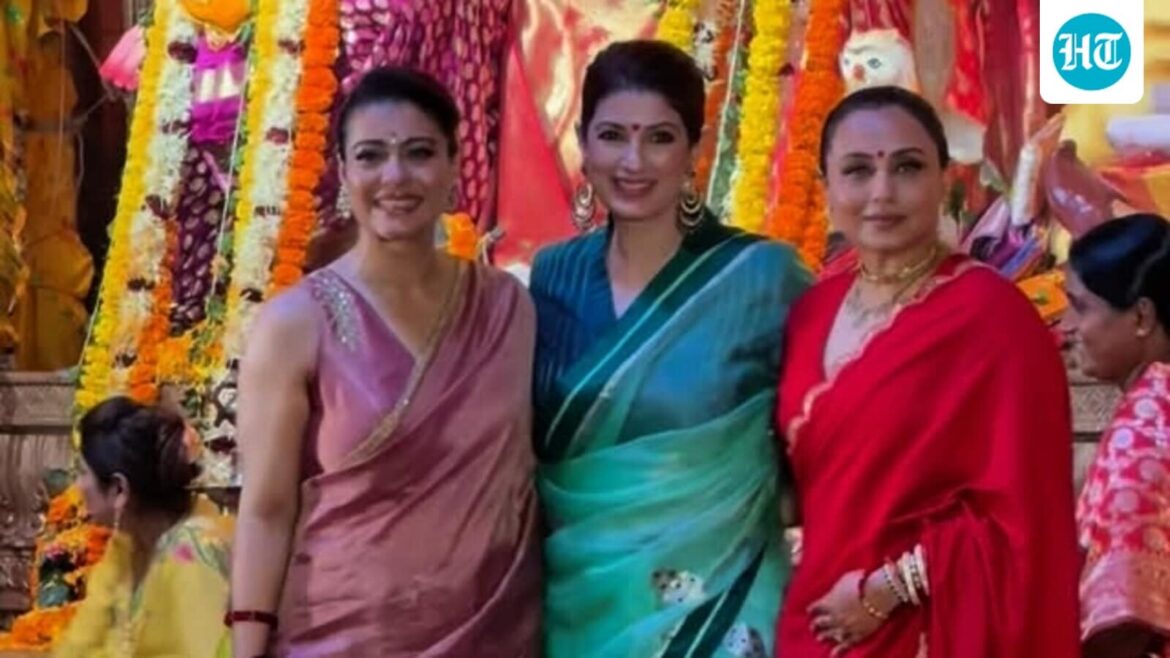 Kajol in pink, Twinkle Khanna in blue, Rani Mukerji in red rock festive glow in gorgeous sarees for Maha Ashtami. Watch