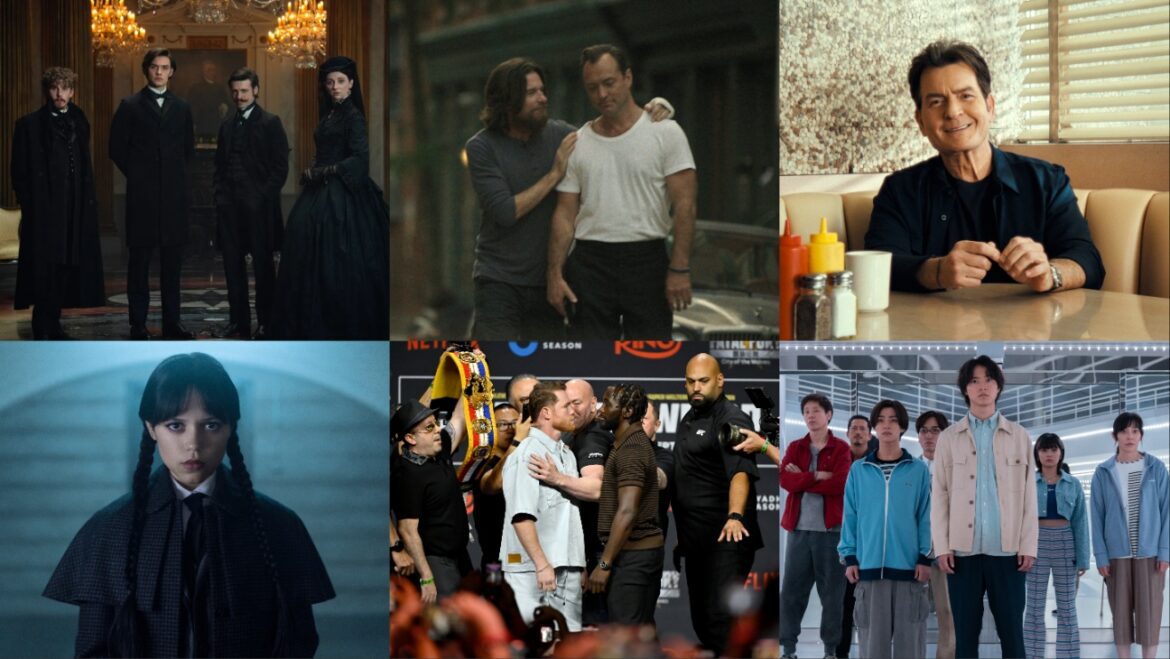 Clockwise from top left: 'House of Guiness,' 'Black Rabbit,' 'aka Charlie Sheen,' 'Alice in Borderland,' 'Canelo Álvarez vs. Terence Crawford' and 'Wednesday.'