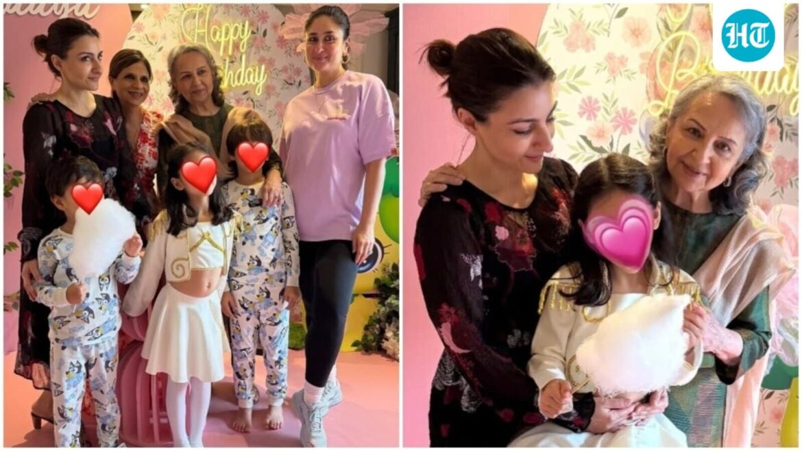 Taimur, Jeh twin in adorable blue and white outfits at Inaaya's 8th birthday party with Kareena Kapoor, Sharmila Tagore