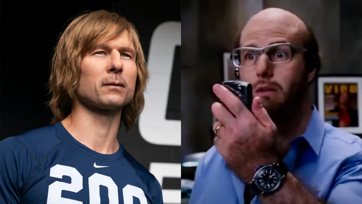 Glen Powell in the prosthetics makeup for Chad Powers and then a pic of Tom Cruise as Les Grossman in Tropic Thunder