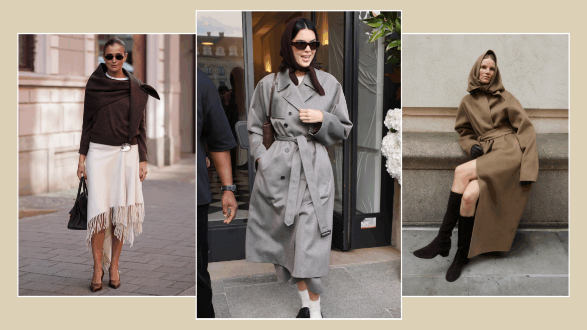 A collage of the best triangle scarves, as seen on Kendall Jenner and Almada Label.