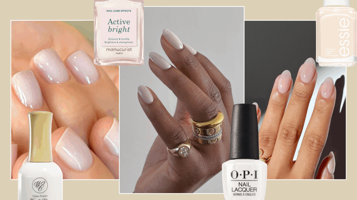 a collage of sheer white manicures and nail polishes
