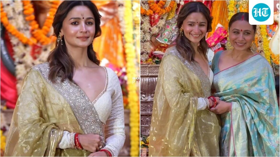 Alia Bhatt shines in glittering olive saree at Mumbai’s Durga pandal, strikes stunning poses with Rani Mukerji. Watch