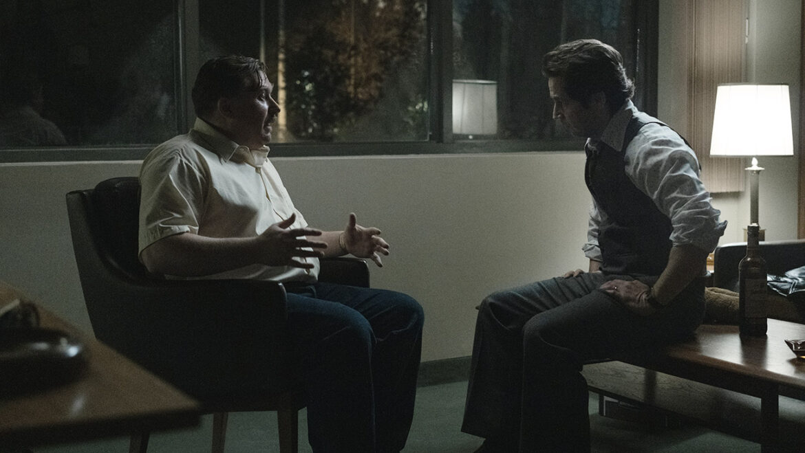 Devil in Disguise: John Wayne Gacy Season 1 Episode 106 Pictured: (l-r) Michael Chernus as John Wayne Gacy, Michael Angarano as Sam Amirante