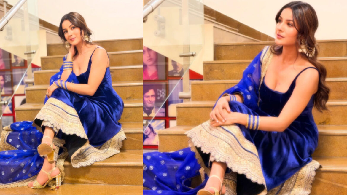 The Queen Of Elegance! Shehnaaz Gill's Blue Velvet Anarkali Is A Must-See! | Glamsham.com