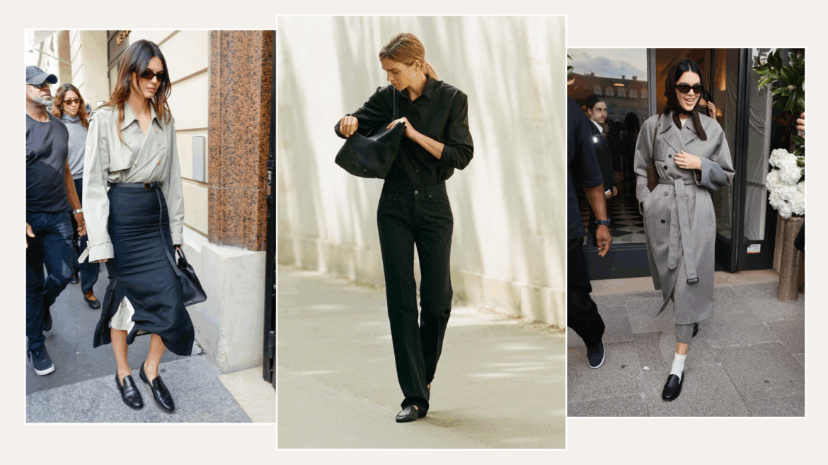 A collage of The Row's canal loafers. 